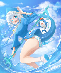 Rule 34 | 1girl, absurdres, animal hood, arm up, ass, bikini, blue bikini, blue eyes, blue hair, blue shirt, blue sky, breasts, cloud, commentary, fins, fish tail, from behind, gawr gura, grey hair, highres, holding trident, hololive, hololive english, hood, hood up, lens flare, long sleeves, looking at viewer, looking back, medium breasts, multicolored hair, ocean, open mouth, outdoors, pang-yo, shark tail, sharp teeth, shirt, sky, smile, solo, streaked hair, striped bikini, striped clothes, swimsuit, tail, teeth, virtual youtuber
