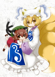 Rule 34 | 2girls, :3, animal ear fluff, animal ear piercing, animal ears, blonde hair, blue tabard, blush, brown eyes, brown hair, chen, child, commentary request, dress, earrings, fox ears, fox tail, full body, hair between eyes, hands up, hat, jewelry, looking at viewer, mob cap, multiple girls, multiple tails, nekomata, parted lips, red dress, rikaon, single earring, tabard, tail, touhou, two tails, white dress, yakumo ran, yellow eyes