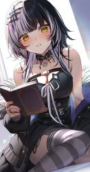 Rule 34 | 1girl, bare shoulders, black dress, black hair, black jacket, black nails, blush, book, breasts, chest strap, choker, cleavage, collarbone, dress, fingernails, fur-trimmed jacket, fur trim, grey thighhighs, hair ornament, highres, holding, holding book, hololive, hololive english, jacket, jewelry, lace, lace-trimmed choker, lace choker, lace trim, large breasts, long hair, long sleeves, looking at viewer, multicolored hair, nail polish, off shoulder, puffy long sleeves, puffy sleeves, ring, saruei, shiori novella, shiori novella (1st costume), shirt, sleeveless, sleeveless dress, solo, split-color hair, striped clothes, striped thighhighs, thighhighs, virtual youtuber, white hair, yellow eyes