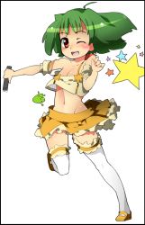 Rule 34 | 1girl, absurdres, ahoge, bare shoulders, breasts, brown eyes, cleavage, comcom, fang, green hair, highres, macross, macross frontier, midriff, navel, one eye closed, ranka lee, short hair, small breasts, solo, star (symbol), thighhighs, white thighhighs, wink