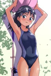Rule 34 | 1girl, armpits, arms up, black hair, black one-piece swimsuit, blue eyes, commentary request, competition swimsuit, covered navel, cowboy shot, goggles, goggles on head, highleg, highres, kickboard, leaf, long hair, looking at viewer, one-piece swimsuit, original, sasaki bullet, solo, swimsuit
