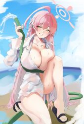 Rule 34 | 1girl, absurdres, ahoge, beach, bikini, bikini under clothes, blue archive, blue sky, blush, bow, braid, breasts, cleavage, collarbone, green eyes, grin, hair bow, halo, hanako (blue archive), hanako (swimsuit) (blue archive), highres, hose, kasumi saika, kneeling, large breasts, long hair, long sleeves, looking at viewer, official alternate costume, pink hair, shirt, shore, single braid, sky, smile, solo, swimsuit, thighs, wet, wet clothes, wet shirt, white bow, white shirt
