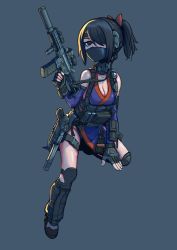 Rule 34 | 1girl, assault rifle, bare shoulders, black background, black gloves, black hair, breasts, cleavage, elbow gloves, erica (naze1940), fingerless gloves, glock, gloves, gun, gun sling, hair over one eye, handgun, headset, highres, holding, holding gun, holding weapon, holstered, japanese clothes, knee pads, kunoichi, looking at viewer, magazine (weapon), mask, ninja, original, ponytail, rifle, simple background, solo, weapon