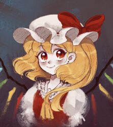 Rule 34 | 1girl, ascot, bow, breasts, carnelscorner, closed mouth, commission, flandre scarlet, grey background, hair between eyes, hat, hat bow, hat ribbon, highres, light smile, looking at viewer, medium hair, mob cap, one side up, puffy short sleeves, puffy sleeves, red bow, red eyes, red ribbon, red vest, ribbon, shirt, short sleeves, simple background, sketch, small breasts, solo, touhou, vest, white hat, white shirt, yellow ascot