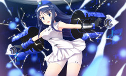 Rule 34 | 1girl, black gloves, blue eyes, blue hair, blush, breasts, futaba aoi (vividred operation), gloves, hairband, henshin, long hair, looking at viewer, matching hair/eyes, medium breasts, outstretched arms, palette suit, skirt, sleeveless, solo, transformation, vividred operation, yuurei yashiki