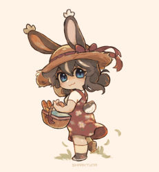 Rule 34 | 1girl, :3, alternate hair length, alternate hairstyle, animal ears, artist name, basket, black footwear, black hair, blue eyes, bow, chibi, closed mouth, hat, hat bow, hat ribbon, highres, holding, holding basket, looking at viewer, multicolored hair, original, picnic basket, rabbit ears, rabbit girl, rabbit tail, red bow, red ribbon, ribbon, sharktuna, shoes, short hair, smile, sneakers, socks, solo, sun hat, tail, white hair, white socks