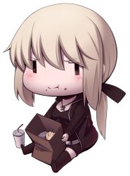Rule 34 | 1girl, artoria pendragon (all), artoria pendragon (fate), belt, black footwear, black jacket, black shirt, black shorts, blonde hair, blush, boa (brianoa), boots, chibi, cross, cross necklace, cup, eating, fate/stay night, fate (series), food, food on face, french fries, full body, highres, holding, jacket, jewelry, long hair, long sleeves, looking at viewer, necklace, official alternate costume, open clothes, open jacket, pale skin, ponytail, saber alter, saber alter (ver. shinjuku 1999) (fate), shirt, shorts, sitting, solo, transparent background, | |, || ||
