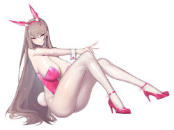 Rule 34 | 1girl, animal ears, ass, bare shoulders, befe, bow, bowtie, breasts, closed mouth, earrings, fake animal ears, fake nails, fake tail, goddess of victory: nikke, hand on own knee, high heels, highleg, highleg leotard, highres, horns, invisible floor, jewelry, knees up, large breasts, leotard, light blush, light brown hair, long hair, mole, mole under eye, nail art, nail polish, pantyhose, pink bow, pink bowtie, pink eyes, pink footwear, pink horns, pink leotard, pink nails, playboy bunny, rabbit ears, rabbit tail, see-through, sidelocks, single earring, sitting, smile, solo, strapless, strapless leotard, tail, thighs, turning head, very long hair, viper (nikke), viper (toxic rabbit) (nikke), wrist cuffs