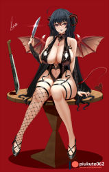 Rule 34 | 1girl, ahoge, alternate costume, azur lane, bare shoulders, black footwear, black hair, black leotard, black lips, black nails, black thighhighs, blush, breasts, bridal gauntlets, center opening, choker, cleavage, clothing cutout, collarbone, crossed bangs, demon girl, demon horns, demon tail, demon wings, fishnet thighhighs, fishnets, full body, hair between eyes, halloween, heart cutout, high heels, highres, holding, holding knife, horns, knife, large breasts, leotard, lipstick, long hair, looking at viewer, machete, makeup, nail polish, navel, navel cutout, parted lips, patreon logo, patreon username, piukute062, red background, red eyes, revealing clothes, simple background, single thighhigh, sitting, skindentation, smile, solo, table, taihou (azur lane), tail, thigh strap, thighhighs, thighs, very long hair, wings, yandere