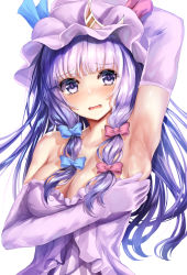 Rule 34 | arm behind head, armpit focus, armpits, blue bow, blue ribbon, blush, bow, breasts, cleavage, commentary request, crescent, elbow gloves, frilled kimono, frills, gloves, hair bow, hat, hat ribbon, japanese clothes, kaeranu kaeru, kimono, large breasts, long hair, looking at viewer, mob cap, patchouli knowledge, presenting armpit, purple eyes, purple hair, red bow, red ribbon, ribbon, shirt, shy, sleeveless, sleeveless shirt, spread armpit, touhou, very long hair