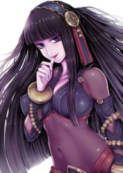 Rule 34 | accessories, black hair, bow, bracelet, collarbone, eyeshadow, fire emblem, fire emblem fates, hair bow, hairband, jewelry, leotard, lipstick, long hair, makeup, mascara, navel, nintendo, pale skin, purple eyes, purple ring, reflection, rhajat (fire emblem), ring, tagme, thumb to mouth, two piece, white background