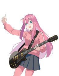 Rule 34 | 1girl, absurdres, arm up, black skirt, blue eyes, bocchi the rock!, cube hair ornament, electric guitar, gar32, gotoh hitori, grey background, guitar, hair between eyes, hair ornament, highres, holding, holding instrument, instrument, jacket, long sleeves, one side up, open mouth, pants, pants under skirt, pink hair, pink jacket, pink pants, pleated skirt, plectrum, simple background, skirt, solo, tears, track jacket, track pants, track suit, wavy mouth