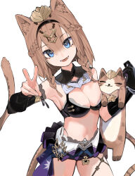 Rule 34 | 1girl, absurdres, animal ear fluff, animal ears, armpits, bare shoulders, black bra, black gloves, black hairband, blue eyes, bra, braid, braided sidelock, breasts, brown cat, brown hair, cat, cat girl, cat tail, cleavage, commentary request, detached collar, detached sleeves, double-parted bangs, elbow gloves, gloves, hair between eyes, hairband, hands up, highres, honkai (series), honkai impact 3rd, large breasts, layered skirt, looking at viewer, midriff, multiple braids, navel, open mouth, pardofelis (honkai impact), simple background, single detached sleeve, single elbow glove, single glove, skirt, smile, tail, underwear, v, white background, yuhezi