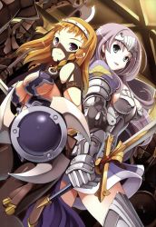Rule 34 | 10s, 2girls, absurdres, annelotte, annelotte (queen's blade), armor, armored dress, back-to-back, breasts, highres, knight princess annelotte, large breasts, leina (queen&#039;s blade), leina (queen's blade), long hair, mask, multiple girls, pants, phantom warrior leina, purple hair, queen&#039;s blade, queen&#039;s blade rebellion, shield, smile, sword, thighhighs, tiara, tsurugi hagane, weapon