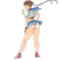 Rule 34 | 1girl, ac120, ass, bare legs, blue skirt, bra, brown hair, closed eyes, closed mouth, female focus, fingerless gloves, from behind, full body, gloves, gluteal fold, hand on own hip, headband, highres, kasugano sakura, miniskirt, panties, pleated skirt, red bra, red footwear, red gloves, red panties, school uniform, shirt, shoes, short hair, simple background, skirt, sneakers, solo, sports bra, standing, street fighter, thighs, underwear, white background, white headband, white shirt