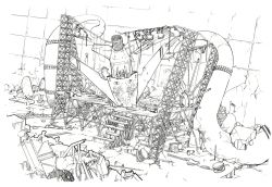 1990s_(style) concept_art final_fantasy final_fantasy_viii highres kusanagi_studio monochrome trabia_garden