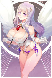 Rule 34 | 1girl, azur lane, between breasts, blunt bangs, blush, breasts, cleavage, covered erect nipples, detached collar, glint, gloves, hair ornament, half gloves, highres, large breasts, light smile, looking at viewer, nipples, panties, parted lips, plymouth (azur lane), purple eyes, purple hair, purple panties, see-through, side-tie panties, solo, standing, supurai, underwear, white gloves