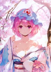 Rule 34 | 1girl, absurdres, areola slip, bare shoulders, blue hat, blue kimono, blurry, cherry blossoms, depth of field, hand up, hat, highres, japanese clothes, ke-ta, kimono, looking at viewer, mob cap, obi, off shoulder, pink eyes, pink hair, saigyouji yuyuko, sash, scan, short hair, smile, solo, touhou, tree, triangular headpiece, upper body, veil, white sash