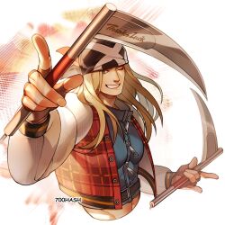 Rule 34 | 1boy, 700hash, axl low, bandana, black gloves, blonde hair, blue eyes, fingerless gloves, gloves, grin, guilty gear, guilty gear strive, highres, jacket, kama (weapon), kusarigama, long hair, long sleeves, looking at viewer, male focus, one eye closed, plaid, plaid jacket, red jacket, sickle, smile, upper body, weapon