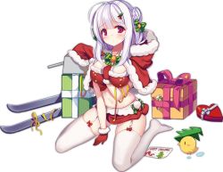 Rule 34 | 1girl, ahoge, azur lane, bell, bird, blush, bow, braid, breasts, chick, christmas, crop top, cygnet (azur lane), cygnet (holy night&#039;s hymn) (azur lane), full body, garter straps, gift, gloves, green bow, hair bow, hat, heart, hecha (01964237), hood, hood down, kneeling, large breasts, long hair, microskirt, navel, official art, pink eyes, red gloves, santa costume, santa hat, skirt, solo, stomach, tareme, thighhighs, transparent background, white hair, white thighhighs