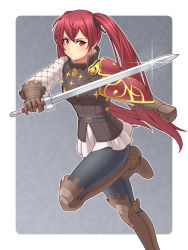 Rule 34 | 1girl, armor, blush, boots, brown footwear, brown gloves, fire emblem, fire emblem fates, gloves, holding, holding sword, holding weapon, ibushi (oath), knee boots, nintendo, pants, pauldrons, red eyes, red hair, selena (fire emblem fates), shoulder armor, solo, sword, twintails, weapon