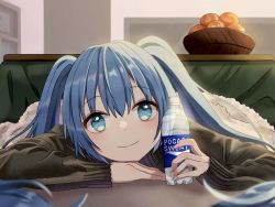 Rule 34 | 1girl, black sweater, blue eyes, blue hair, bottle, closed mouth, hair between eyes, hatsune miku, highres, holding, holding bottle, kotatsu, long hair, long sleeves, looking at viewer, lying, macha 3939, on stomach, sleeves past wrists, smile, solo, sweater, table, under kotatsu, under table, very long hair, vocaloid