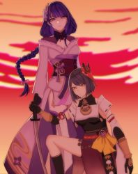 Rule 34 | 2girls, arm guards, black hair, braid, breasts, cleavage, closed mouth, commentary, detached sleeves, el0isaa, english commentary, flower, genshin impact, gloves, hair ornament, highres, holding, holding sword, holding weapon, japanese clothes, katana, kimono, kujou sara, long hair, looking at viewer, mask, mask on head, mole, mole under eye, multiple girls, purple eyes, purple flower, purple hair, raiden shogun, ribbon, sash, short hair, simple background, socks, standing, sword, tengu mask, vision (genshin impact), weapon, yellow eyes