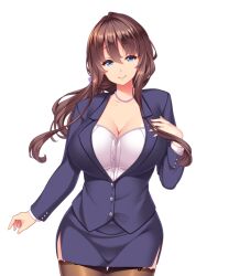 Rule 34 | 1girl, :&gt;, arm at side, blue eyes, breasts, brown hair, cleavage, closed mouth, cowboy shot, eyebrows hidden by hair, female focus, formal, game cg, garter straps, hair between eyes, hand up, jewelry, large breasts, legs, long hair, looking at viewer, necklace, nonomiya sora, original, pearl necklace, pencil skirt, shiokonbu, sister lesson, skirt, smile, solo, standing, suit, tachi-e, thighhighs, thighs, transparent background