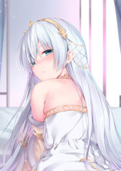Rule 34 | 1girl, anastasia (fate), bare shoulders, bed sheet, blue eyes, blue hair, blush, chen bin, closed mouth, collar, commentary request, detached sleeves, dress, fate/grand order, fate (series), from behind, long hair, long sleeves, looking at viewer, looking back, nose blush, solo, sparkle, straight hair, upper body, white dress