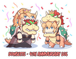 Rule 34 | 1girl, anniversary, armlet, ayyk92, blonde hair, blue eyes, bowser, bowser (cosplay), bowsette, bowsette (cosplay), bracelet, chibi, cosplay, crown, dress, dual persona, full body, horns, jewelry, leaning forward, looking at viewer, mario (series), new super mario bros. u deluxe, nintendo, sharp teeth, simple background, spiked armlet, spiked bracelet, spiked shell, spiked tail, spikes, standing, strapless, strapless dress, super crown, tail, teeth, turtle shell, v-shaped eyebrows, white background