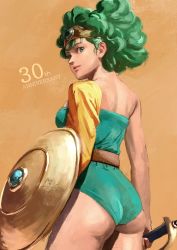 Rule 34 | 1girl, ass, blue eyes, breasts, circlet, closed mouth, curly hair, dragon quest, dragon quest iv, green hair, heroine (dq4), highres, itou satoshi, leotard, looking at viewer, shield, short hair, simple background, smile, solo, square enix, sword, weapon