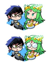 Rule 34 | &gt;:), 2girls, :&lt;, :d, bayonetta, bayonetta (series), bayonetta 2, bespectacled, black-framed eyewear, black hair, blush stickers, closed mouth, crown, earrings, eye contact, forehead jewel, glasses, green eyes, green hair, halftone, highres, jewelry, kid icarus, long hair, looking at another, lying, mole, mole under mouth, multiple girls, nintendo, on back, open mouth, palutena, rariatto (ganguri), round eyewear, short hair, smile, super smash bros., sweat, v-shaped eyebrows