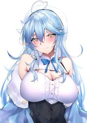 Rule 34 | 1girl, absurdres, ahoge, bare shoulders, beret, blue hair, blue jacket, blush, breasts, cleavage, cleavage cutout, closed mouth, clothing cutout, commentary, fur-trimmed jacket, fur trim, hair between eyes, half updo, hat, heart, heart ahoge, highres, hololive, jacket, large breasts, long hair, multicolored hair, off shoulder, pointy ears, shirt, simple background, sleeveless, sleeveless shirt, solo, streaked hair, upper body, very long hair, virtual youtuber, wavy mouth, white background, white hat, white shirt, yellow eyes, yuki maccha (yukimattya10), yukihana lamy