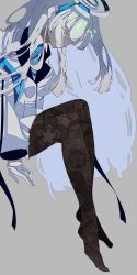 Rule 34 | 1girl, absurdres, blazer, blue archive, blue necktie, eyes visible through hair, flat color, gloves, grey background, grey hair, grin, hair over eyes, hair over mouth, half gloves, halo, head tilt, highres, jacket, lace, lace legwear, long hair, mouth visible through hair, necktie, no shoes, noa (blue archive), pantyhose, purple eyes, simple background, sitting, smile, solo, very long hair, white gloves, white jacket, xm o n ox