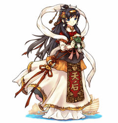 Rule 34 | 1girl, acea4, black hair, blue eyes, boat, bow, chinese clothes, chinese mythology, chinese text, dragon, flower, flower on head, hagoromo, hair flower, hair ornament, hanfu, holding, long hair, longma, mazu, ocean, original, penghu tianho temple, personification, ponytail, ribbon, robe, sailboat, shawl, solo, string, temple, water, watercraft, white background