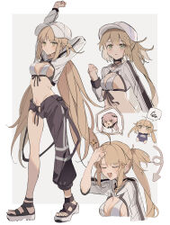 Rule 34 | 1girl, absurdres, ahoge, arm up, arrow (symbol), artoria caster (fate), artoria caster (swimsuit) (fate), artoria caster (swimsuit) (first ascension) (fate), artoria pendragon (fate), asymmetrical pants, baseball cap, bikini, bikini top only, black pants, blonde hair, border, clenched hand, closed eyes, closed mouth, cnoc na riabh (fate), cnoc na riabh (swimsuit foreigner) (fate), cropped jacket, fate/grand order, fate (series), full body, green eyes, grey background, hand on own head, hand up, hat, highres, jacket, long hair, long sleeves, looking at viewer, medb (fate), multiple views, navel, note nii, open mouth, outside border, pants, parted lips, platform footwear, sandals, school swimsuit, simple background, sparkle, spoken character, spoken squiggle, squiggle, standing, stretching, sweat, swimsuit, twintails, white bikini, white border, white headwear