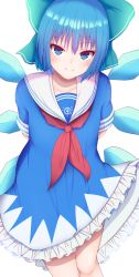 Rule 34 | 1girl, arms behind back, bad id, bad pixiv id, blue bow, blue dress, blue eyes, blue hair, blue sailor collar, blush, bow, cirno, closed mouth, collarbone, commentary request, darumoon, dress, hair bow, highres, ice, ice wings, looking at viewer, red neckwear, sailor collar, school uniform, serafuku, short hair, short sleeves, simple background, smile, solo, touhou, white background, wings