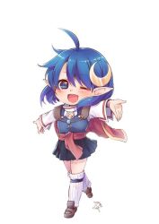 Rule 34 | 1girl, ahoge, black skirt, blue eyes, blue hair, brown footwear, cape, chibi, crescent, crescent hair ornament, full body, hair between eyes, hair ornament, loafers, long sleeves, looking at viewer, loose socks, misono mitama, one eye closed, open mouth, pointy ears, red cape, rena lanford, shirt, shoes, short hair, signature, simple background, skirt, smile, socks, solo, standing, star ocean, star ocean the second story, thighhighs, turtleneck, white background, white shirt, white thighhighs