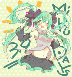 Rule 34 | 1girl, 39, character name, commentary request, dated, detached sleeves, green eyes, green hair, hatsune miku, long hair, midriff, miku day, navel, necktie, one eye closed, open mouth, pleated skirt, polka dot, polka dot background, revision, skirt, solo, twintails, uru uzuki, very long hair, vocaloid