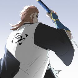 Rule 34 | 1boy, arm guards, asure (asure twi), bleach, bleach: sennen kessen-hen, brown hair, highres, holding, holding sword, holding weapon, japanese clothes, long sideburns, male focus, mature male, obana danjirou, ponytail, sideburns, sword, weapon