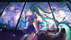 Rule 34 | 1girl, absurdly long hair, arms behind back, arua, bare arms, blue skirt, breasts, clothes lift, floating hair, from side, green hair, hatsune miku, highres, long hair, medium breasts, miniskirt, pleated skirt, shirt, short sleeves, skirt, skirt lift, solo, sunset, twintails, very long hair, vocaloid, walking, white shirt
