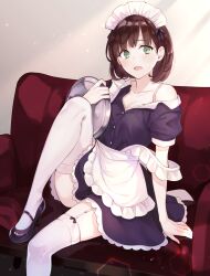 Rule 34 | 1girl, apron, arm support, breasts, cleavage, collarbone, couch, d:, e (eokiba), garter straps, green eyes, high heels, highres, holding, holding tray, leg up, maid, maid apron, maid headdress, mary janes, medium breasts, off shoulder, open mouth, original, shoes, short hair, single bare shoulder, sitting, solo, strap slip, sweatdrop, thighhighs, tray, white thighhighs