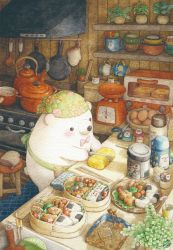Rule 34 | animal, bear, bento, blush, bow, bowtie, bread, colored pencil (medium), cutting board, egg, food, highres, holding, holding knife, indoors, kettle, kitchen, kitchen hood, kitchen scale, knife, looking away, no humans, onigiri, original, painting (medium), pink bow, pink bowtie, pot, scissors, shelf, signature, spatula, st.kuma, stove, toaster oven, traditional media, watercolor (medium), weighing scale, wooden floor