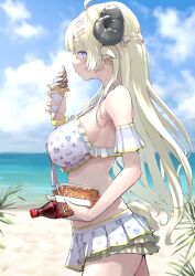 Rule 34 | 1girl, beach, blonde hair, breasts, chopsticks, commentary request, food, hair ornament, hairclip, highres, holding, holding food, holding ice cream, hololive, hololive summer 2023 swimsuit, horns, ice cream, large breasts, mitsuru (pixiv 34028718), noodles, official alternate costume, purple eyes, sheep girl, sheep horns, sheep tail, sideboob, soba, soda, soda bottle, tail, tsunomaki watame, virtual youtuber