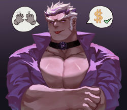Rule 34 | :p, absurdres, bara, black choker, choker, crossed arms, forked eyebrows, gem, guoguo, highres, large pectorals, long sideburns, male focus, male prostitution, mature male, muscular, muscular male, naughty face, original, partially unbuttoned, pectoral cleavage, pectorals, purple eyes, purple gemstone, purple shirt, saliva, shiny skin, shirt, short hair, sideburns, signature, spoken dollar sign, spoken hand, thick eyebrows, tongue, tongue out, white hair