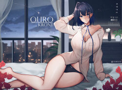 Rule 34 | 1girl, absurdres, arm support, blue eyes, blue hair, blue ribbon, bow, bow panties, breast pocket, breasts, character name, cityscape, cleavage, clock, closed mouth, commentary, dress shirt, flower, highres, hololive, hololive english, huge breasts, light smile, medium hair, night, night sky, on bed, ouro kronii, panties, plant, pocket, potted plant, railing, red flower, red rose, ribbon, rose, shirt, short hair, single bare shoulder, sky, star (sky), starry sky, symbol-only commentary, television, timestamp, twitter username, unbeller, underwear, virtual youtuber, white shirt, window