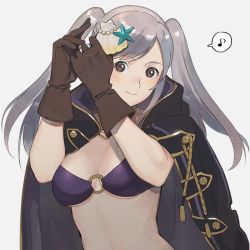 Rule 34 | 1girl, bikini, breasts, brown eyes, brown gloves, cape, cleavage, fire emblem, fire emblem awakening, fire emblem heroes, gloves, grey hair, hair ornament, kyufe, long hair, looking at viewer, medium breasts, musical note, nintendo, o-ring, o-ring bikini, robin (female) (fire emblem), robin (fire emblem), seashell, shell, shell hair ornament, simple background, smile, solo, spoken musical note, swimsuit, twintails, underboob, upper body