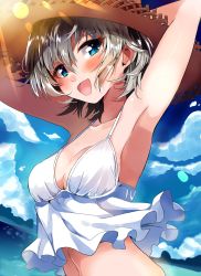 Rule 34 | 10s, 1girl, absurdres, anastasia (idolmaster), ariaridoradora, armpits, arms up, blue eyes, blush, breasts, cleavage, cloud, cloudy sky, day, hat, highres, idolmaster, idolmaster cinderella girls, navel, ocean, open mouth, outdoors, short hair, silver hair, sky, smile, solo, straw hat