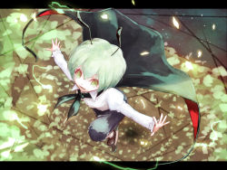 Rule 34 | 1girl, antennae, cape, from above, full body, green eyes, green hair, hoshibuchi, leg up, letterboxed, long sleeves, looking at viewer, matching hair/eyes, outstretched arms, pants, petals, puffy sleeves, shirt, shoes, short hair, smile, solo, touhou, wriggle nightbug