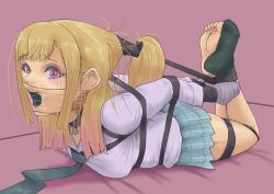 Rule 34 | blonde hair, bound, bound ankles, bound legs, duct tape, gag, gagged, hogtie, improvised gag, kitagawa marin, mouth stuffed, rope, school uniform, sono bisque doll wa koi wo suru, taped hands